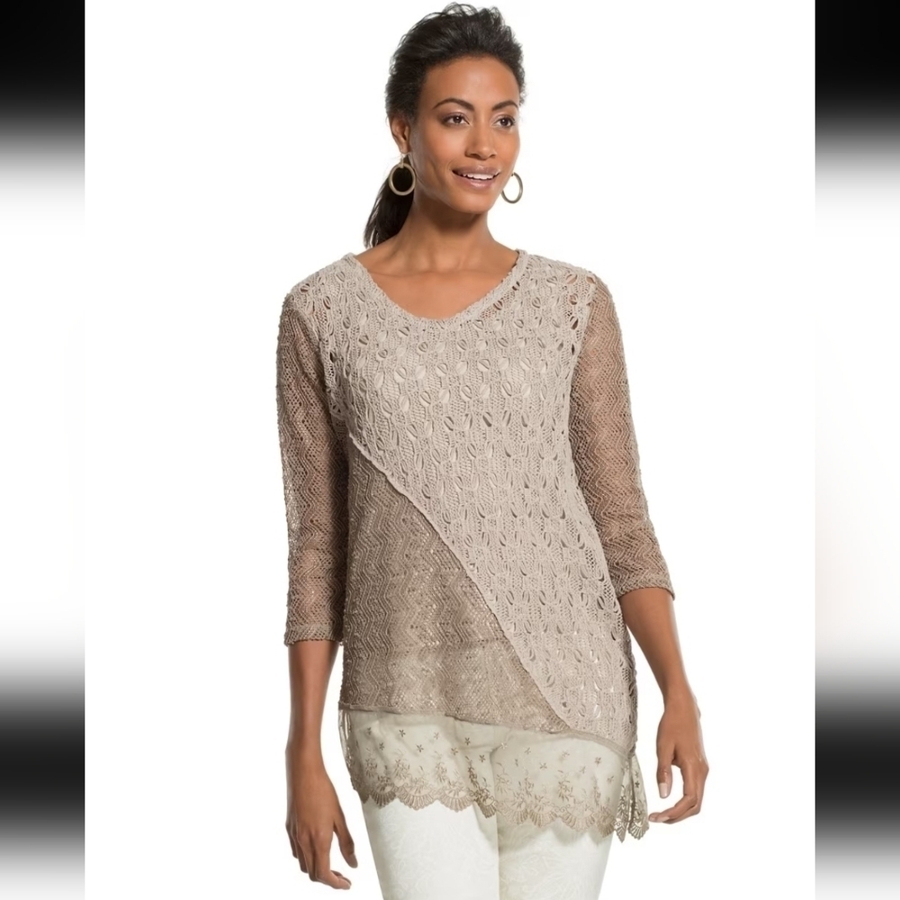 Chicos Nora Texture Mix Modern Pullover Top Sweater Asymmetrical Hem Small 1